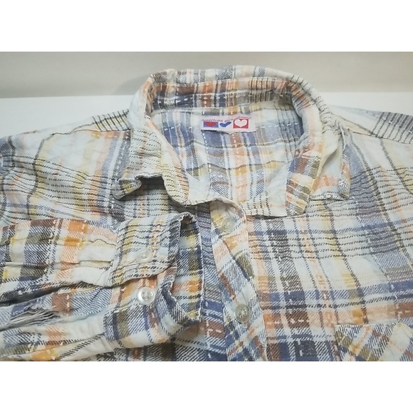 American Sweetheart Womens Plaid Long Sleeve Button Up Distressed Shirt - Picture 1 of 9